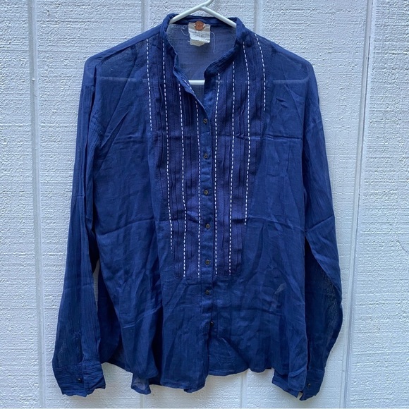 Free People One XS Navy Blue Button Front Sheer Long Sleeve Top - Picture 9 of 9